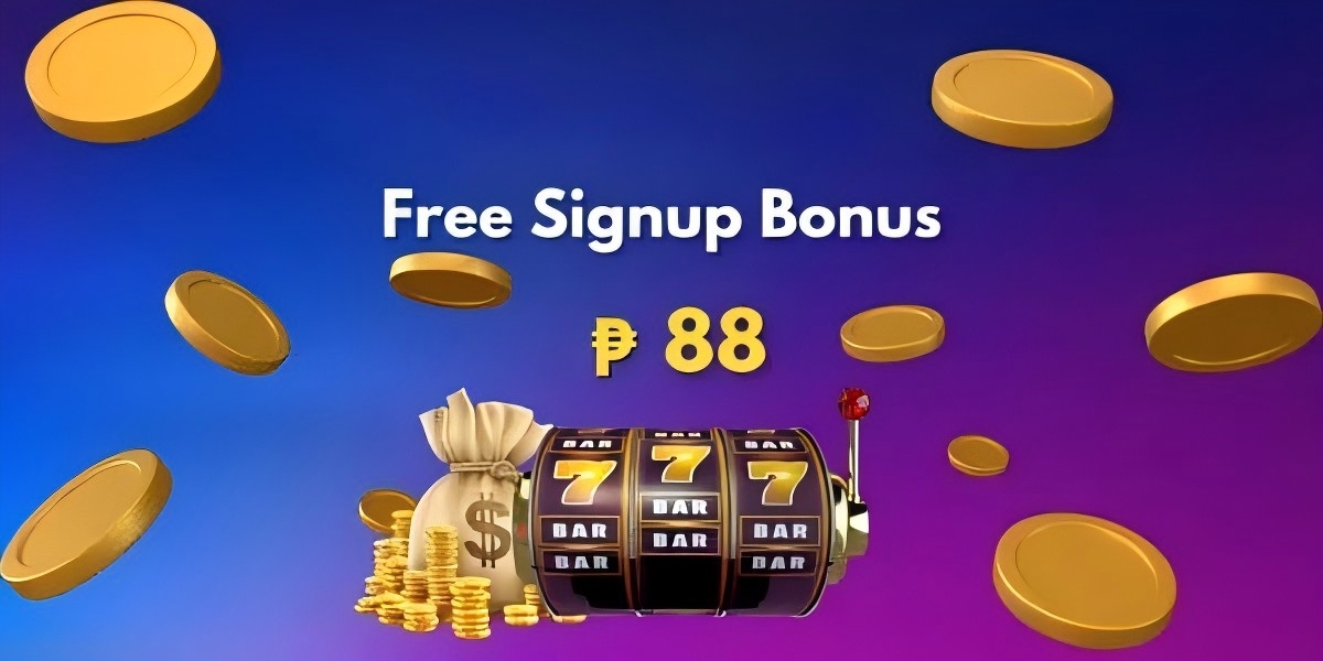 Promotional banner artwork with a slot machine, money bag, and coins on a blue-purple gradient